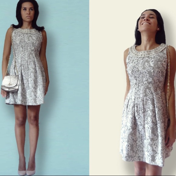 ZARA Cream Gray Gem Embellished Patterned Mini Fit and Flare Dress - Picture 1 of 8